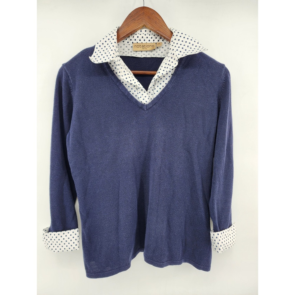Notations Petite Blue V-Neck Sweater Polka Dot Collar Cuffs PM